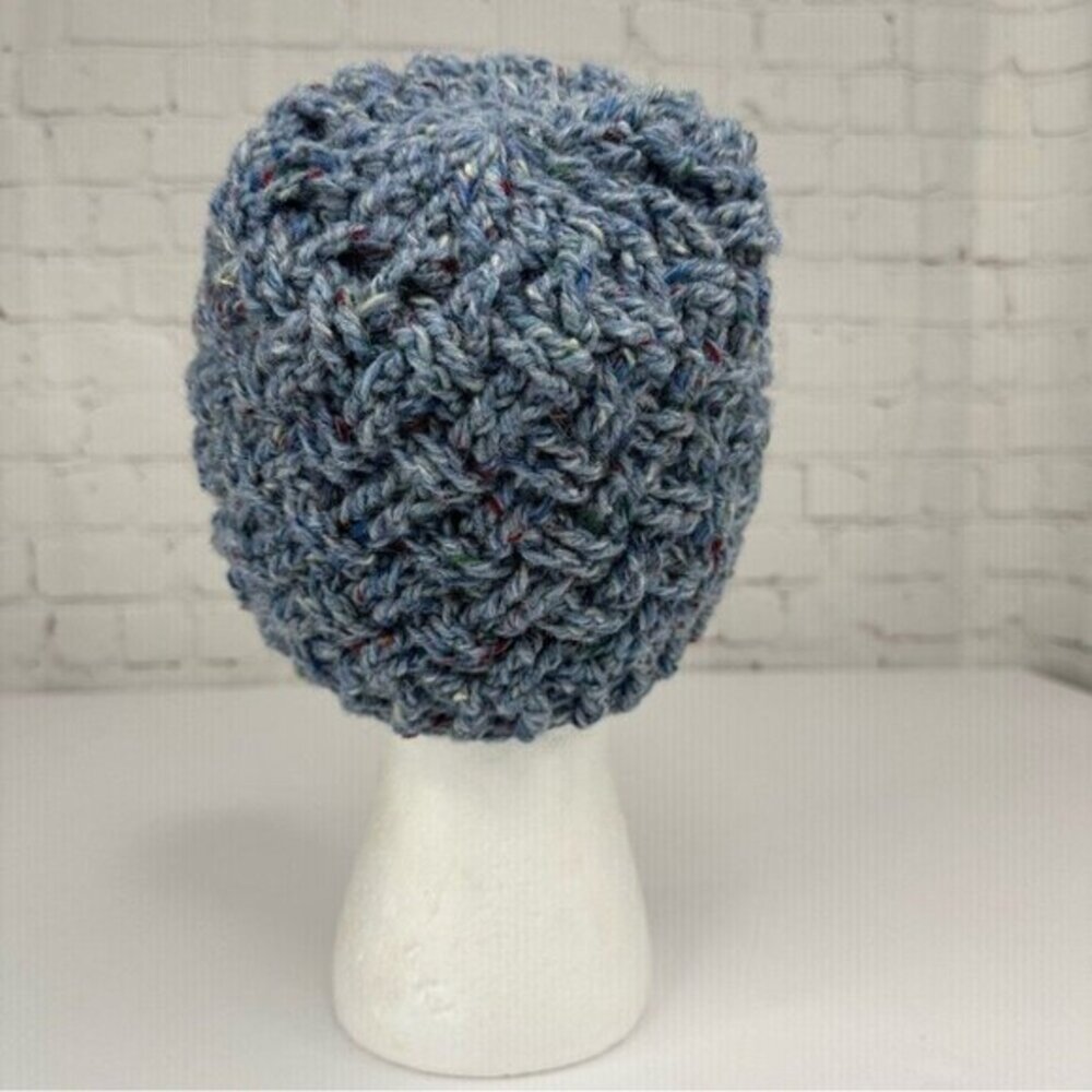 Created By Cyd Ireland Donegal Tweed Wool Beanie Hat Blue Basketweave Womens NEW - Picture 4 of 10
